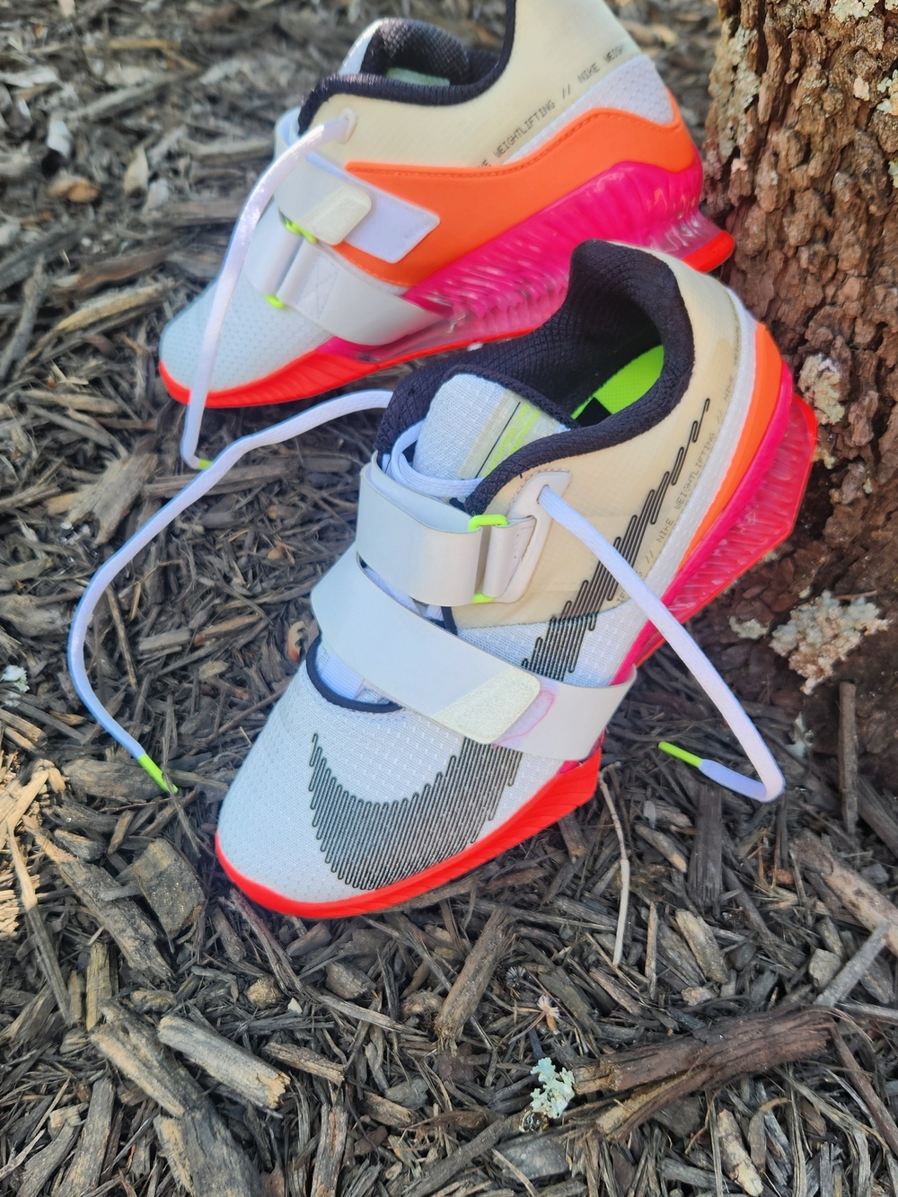 Nike Mens Weightlifting White Sneakers with Neon Orange and Pink Trim - Picture 2 of 12